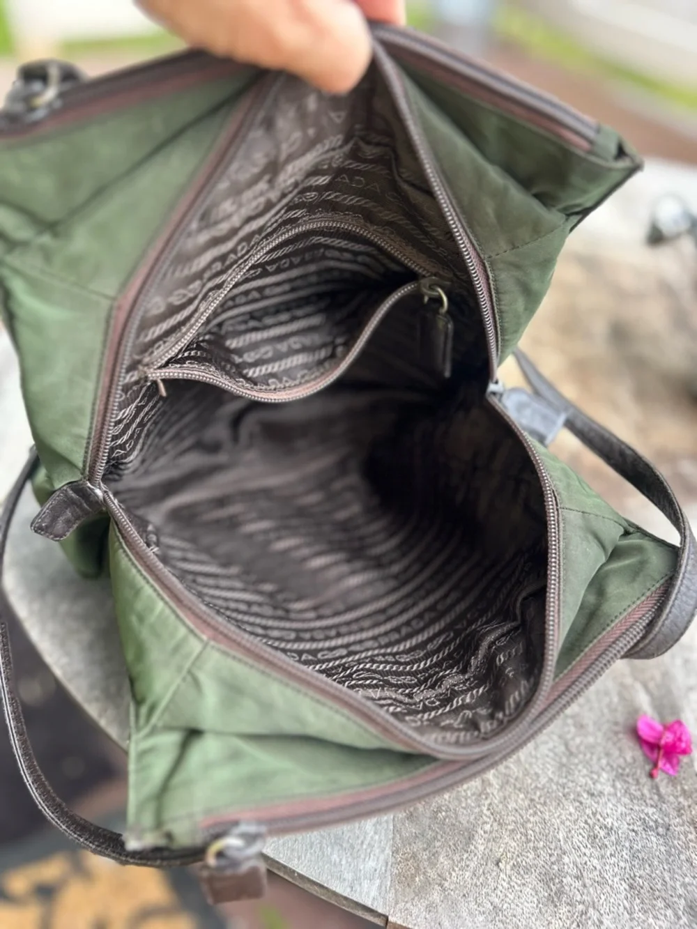 Authentic Prada  Vintage Olive Green Nylon Tote with Dark Brown Leather Straps - Picture 16 of 16